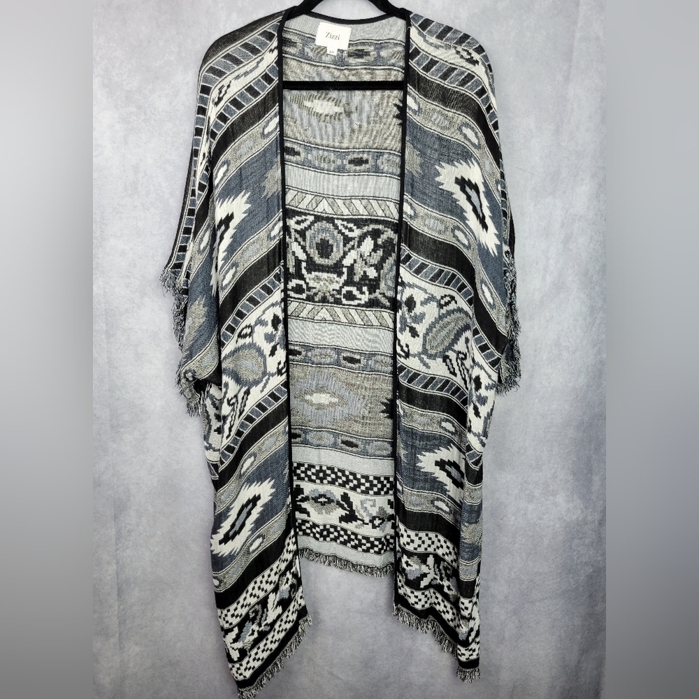 ZIZZI Black & White Southwest Boho Aztec Pattern Kimono Small /Medium